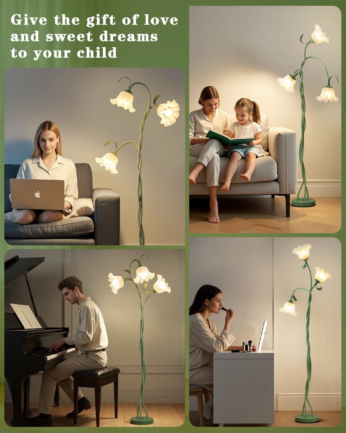 Flower Floor Lamp - Retirement Gift for Woman, LED Standing Lamp for Living Room 3 Color Modes Flexible Gooseneck Corner Light with LED Bulb for Home Bedroom Office Decor (Green)