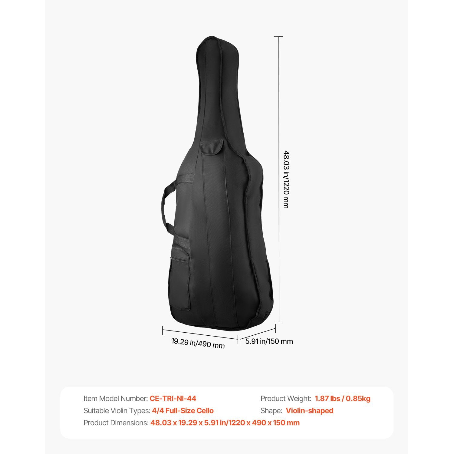 4/4 Full Size Cello Case, Nylon Waterproof, Lightweight Portable Travel Carrying Bag, with Reinforced Handle, Dual Shoulder Straps, Anti-Scratch, Professional Cello-Shape, for Cello, Black