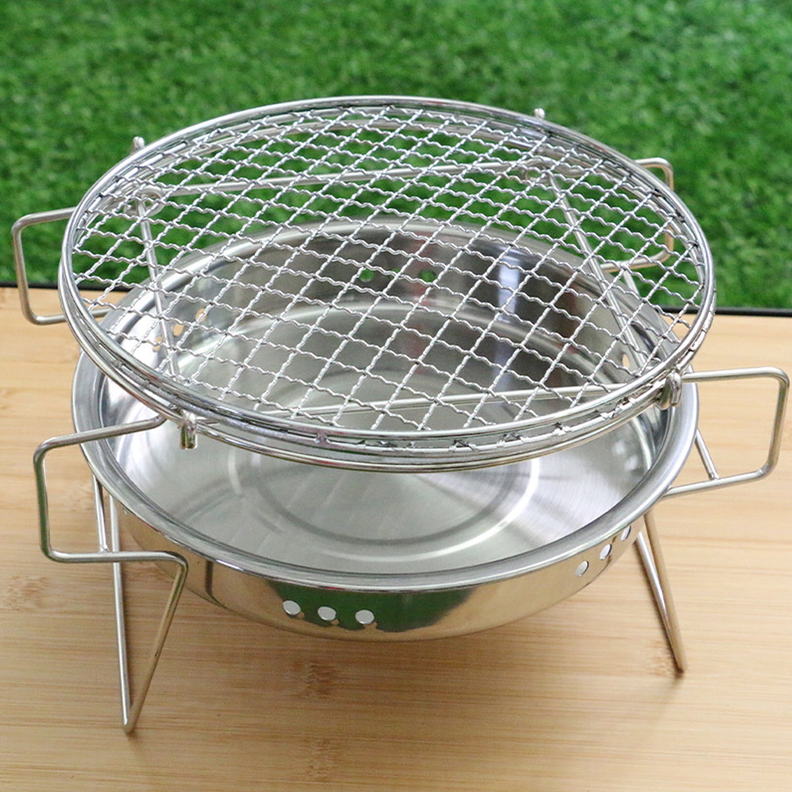 Camping Gear Portable Round Charcoal Grill, Stainless Steel BBQ Grill for Camping, Picnic, Outdoors Cooking with Folding Design, Spacious Grill Surface, Detachable Components