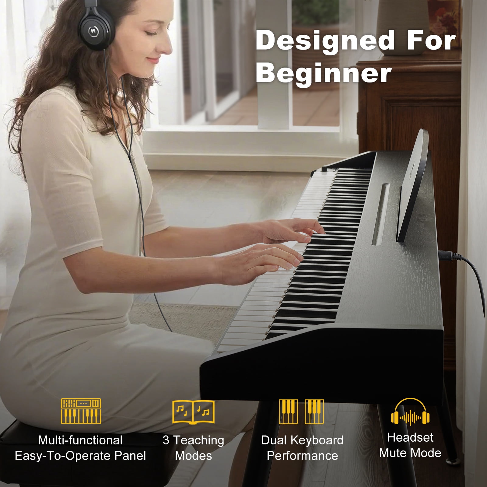 Black 88Keys Semi Weighted Electric Digital Piano w/3-Pedal,USB/MIDI,Storage Bench
