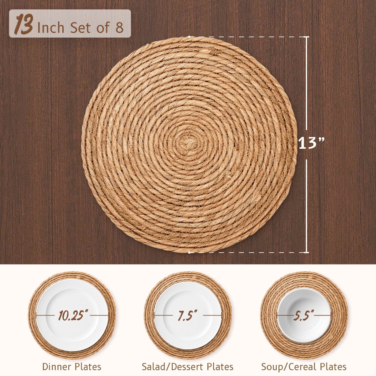 Round Woven Placemats Set of 8, 13 inch Boho Farmhouse Rustic Woven Place Mats for Dining Table Decor, Rattan Wicker Table Mats Chargers for Dinner Plates
