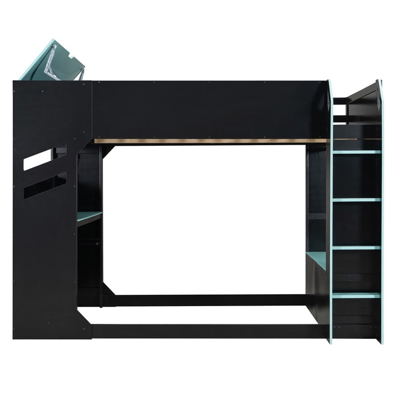 Full Size Wood Loft Bed with Height Adjustable Desk, RGB LED Lights & Storage Drawers, Gaming Loft Bed Frame with Headboard Cabinet, Hanging Rod for Bedroom