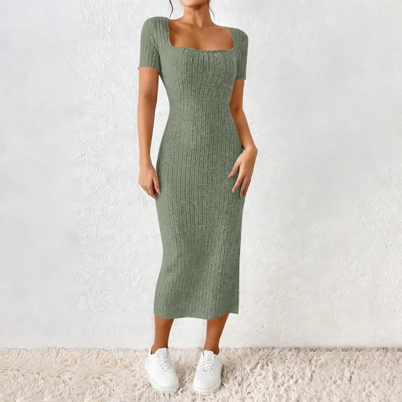 Gamivast Bodycon Dresses for Women Short Sleeve Square Neck Ribbed Knit Midi Dress Side Split Slim Fit Sheath Dress Casual Daily Work Office Date Night