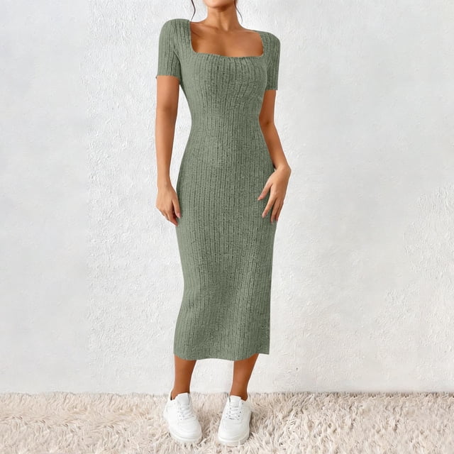 TaTaai Women Summer French Square Neck Side Split Slim Knit Dress Short Sleeve Solid Color Midi Length Elegant Casual Daily Wear Dresses Gift