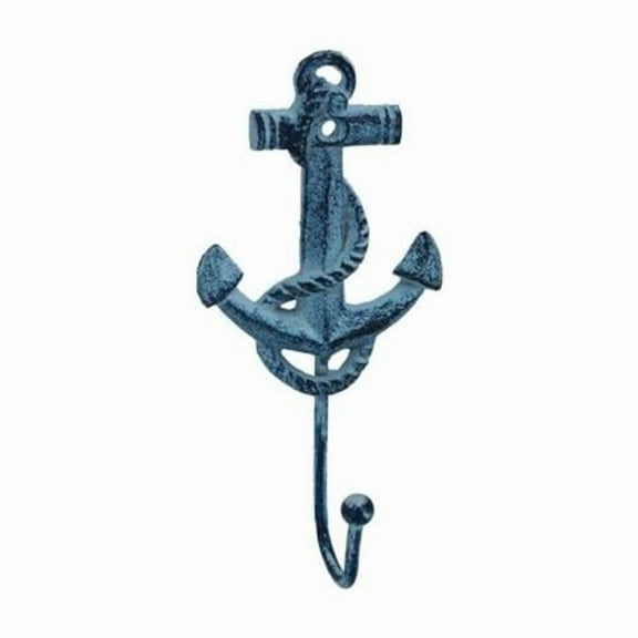 Handcrafted Model Ships K-665-dark-blue 7 in. Cast Iron Anchor Hook - Rustic Dark Blue Whitewashed