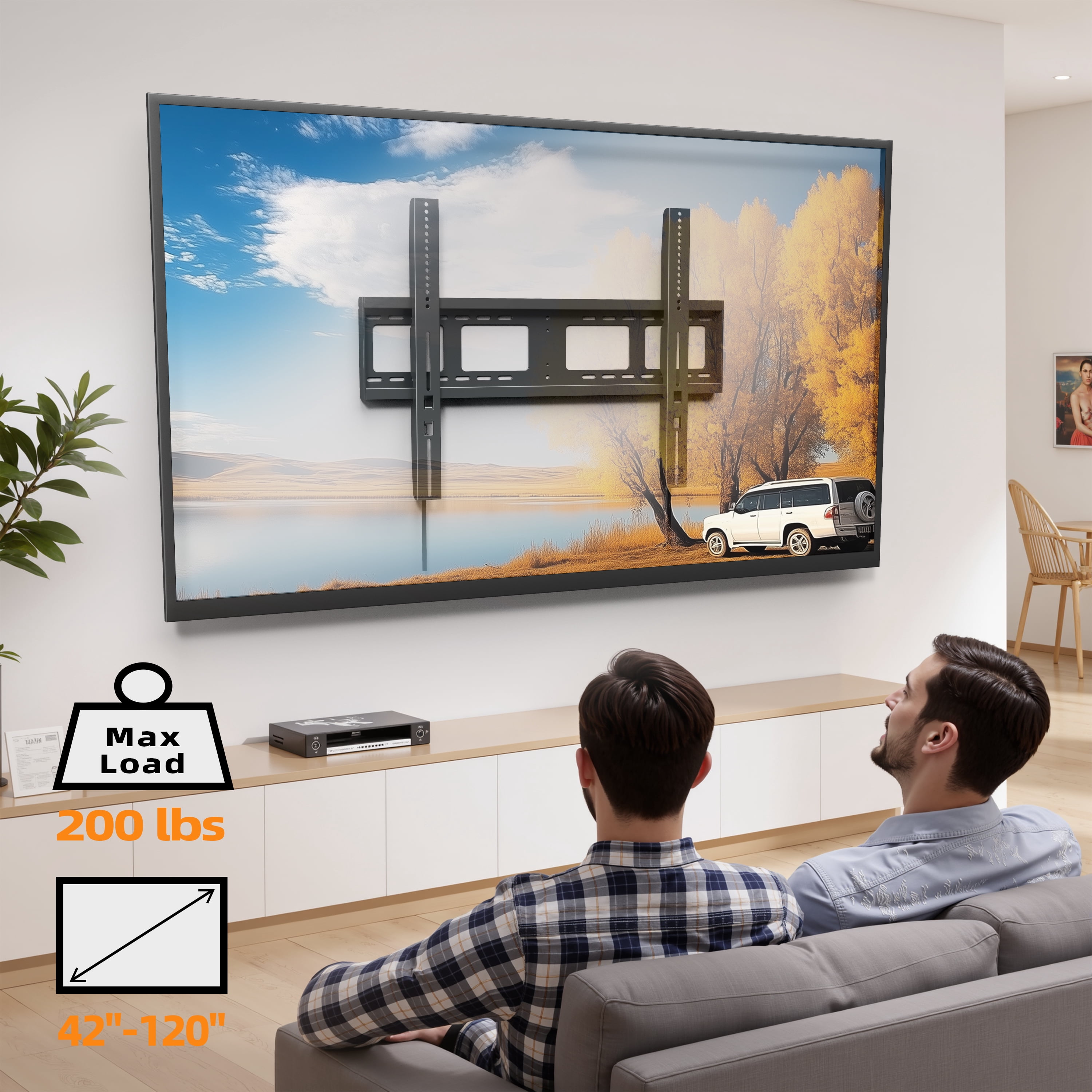 MountLiving Heavy Duty Fixed TV Mount for 42 to 120 inch Flat TVs, Low Profile TV Wall Mount Holds 200 lbs, Max VESA 800x600, Fits 16"/18"/32" Studs