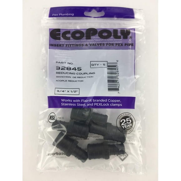 Acoplamiento PEX de Ecopoly, plástico prensado de 3/4 x 1/2 pulgadas, paquete de 5