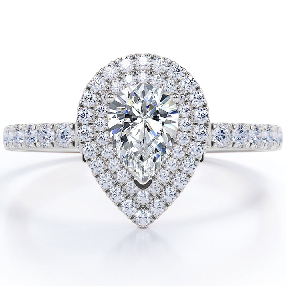 JeenMata Pave Style 1 Carat Pear-Shaped Moissanite Double Halo Cluster Engagement Ring in 18K White Gold Plating for Women
