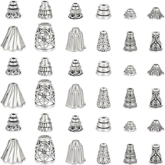 120pcs 12 Styles Bead Caps Flower Cone End Cap Alloy Bead Cap Bails End Charm Caps Spacer Beads for Earring Bracelets Necklace Jewelry DIY Crafts Making Antique Silver