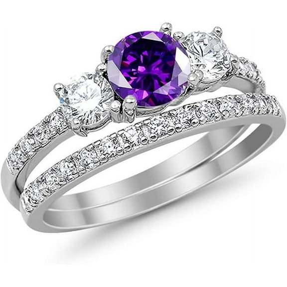 beryl_creation 925 Sterling Silver 2.00 Ct Round Cut Purple Amethyst Christmas Thanksgiving Engagement Wedding Bridal Ring Set 14K White Gold Plated For Women's -7