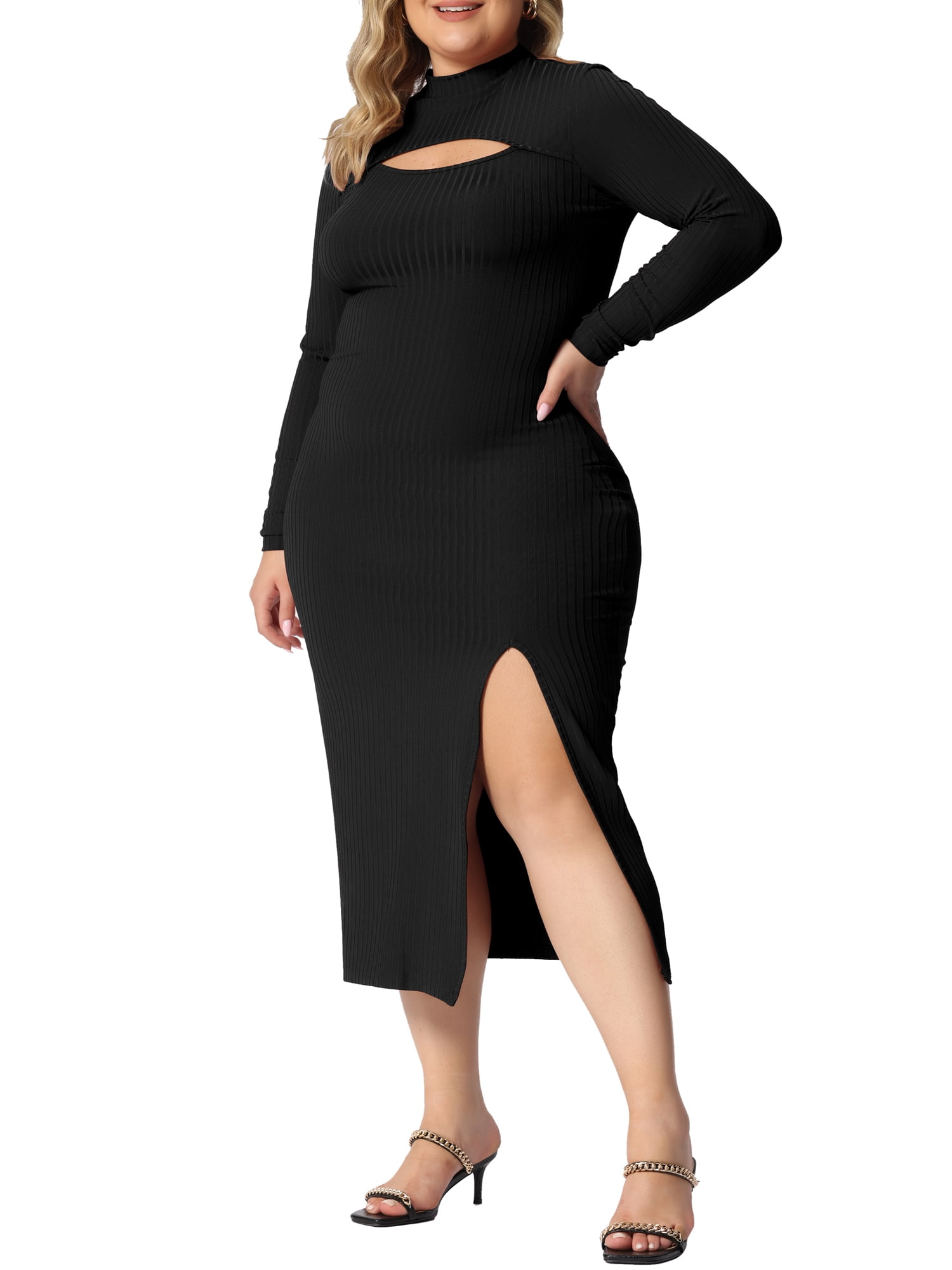 Unique Bargains Women's Plus Size Bodycon Dress Knee Slim Cut Out Dresses 4X Black
