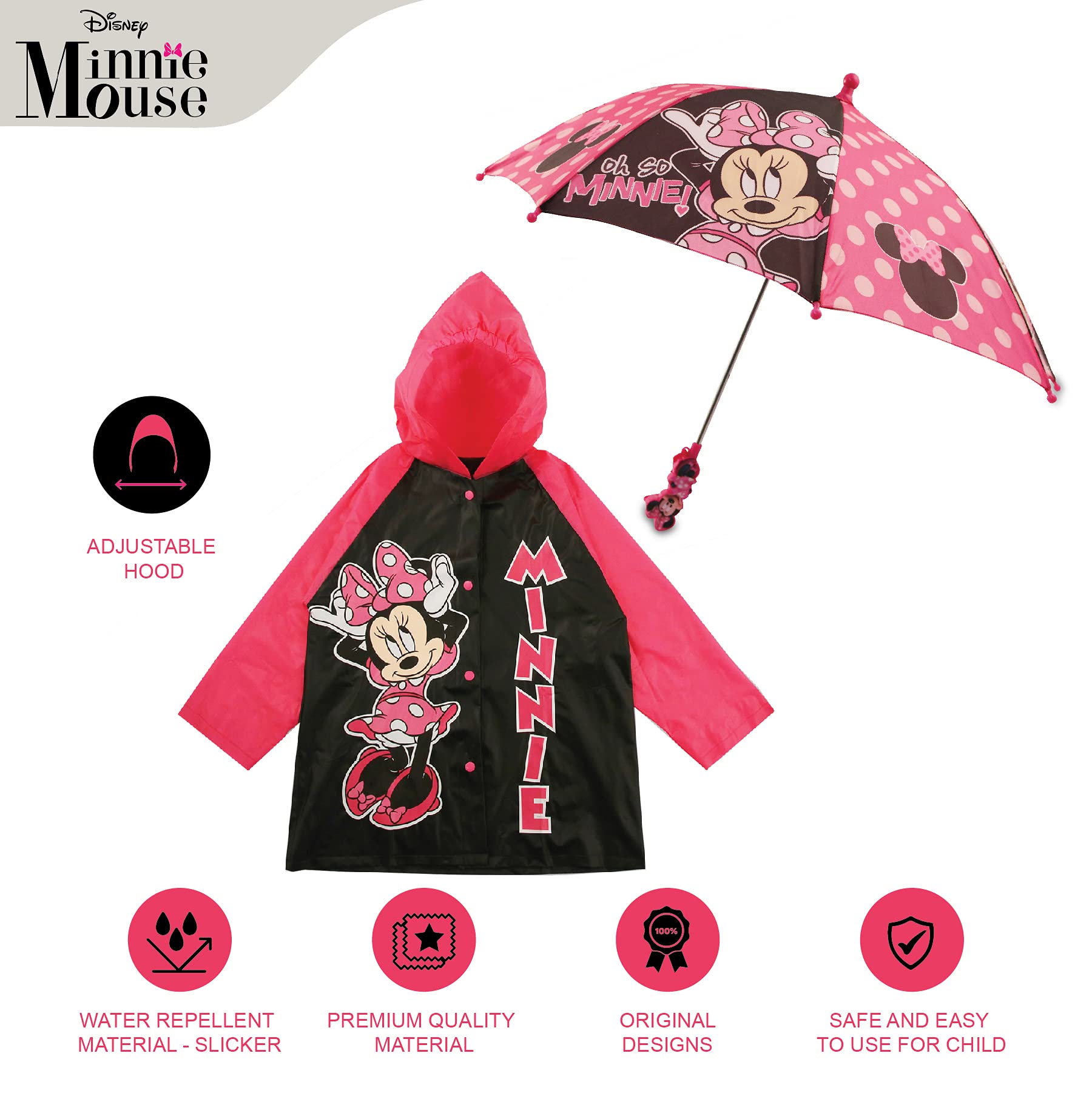 Disney Minnie Mouse Kids Umbrella with Matching Rain Poncho for Girls Ages 2-7 - image 4 of 8