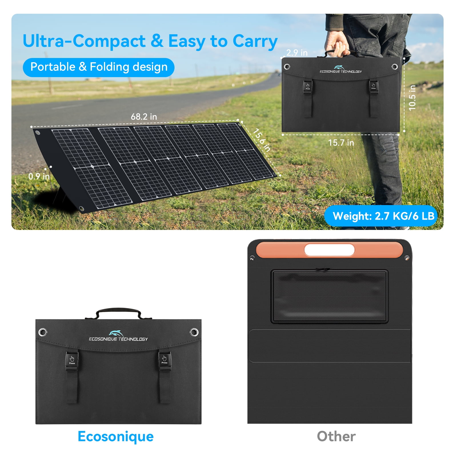 Ecosonique 100W Portable Foldable Solar Panels Charger Fast Charging with USB-C PD3.0 USB-A QC3.0 DC 20V Lightweight with Kickstand for Camping Power Station Solar Generators Cell Phones Power Banks