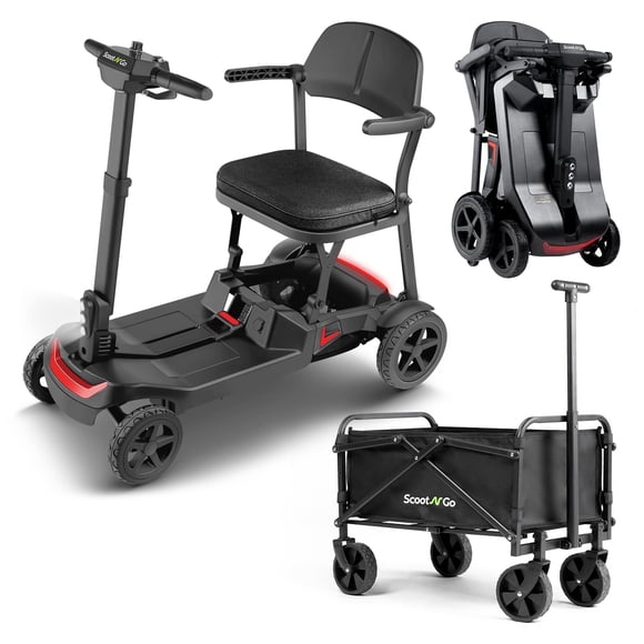 ScootNGo Lightweight Foldable Mobility Scooter for Seniors - 39lbs Ultra 4 Wheel Electric, Airline Approved Dual Batteries, Red with Storage Trailer