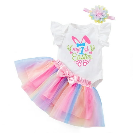

Baby Outfits Kids Easter Day Fly Sleeve Cartoon Prints Romper Bow Tie Net Yarn Short Skirts Kids Headbands Baby Clothes For Girls B 3 Months-6 Months