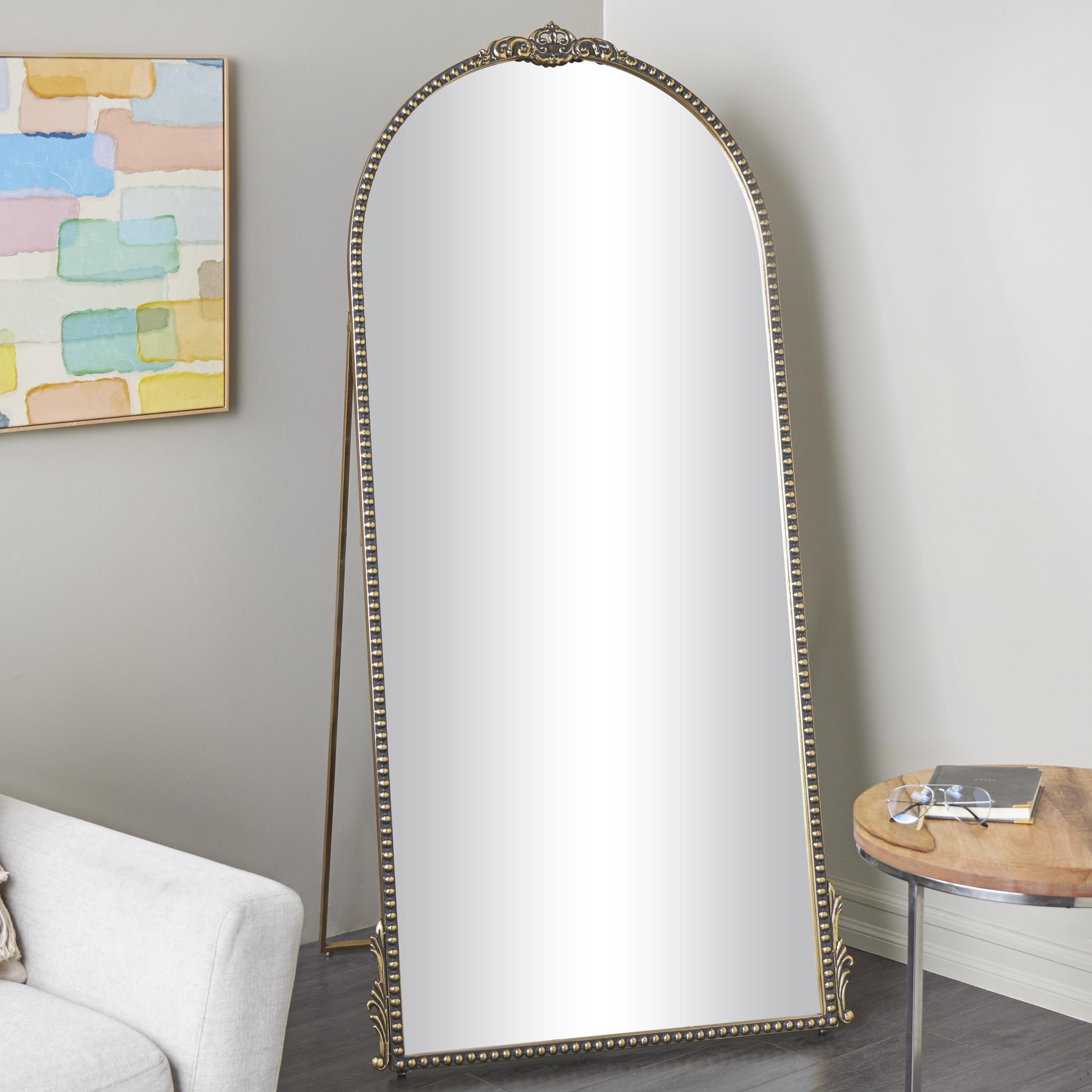 DecMode 31" x 64" Gold Metal Fleur De Lis Ornate Baroque Floor Mirror with Easel