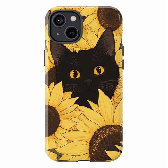Black Cat with Sunflowers Phone Case – Cute & Vibrant Floral Phone Case for iPhone 16 15 14 13 12 11 Pro Max Plus Mini