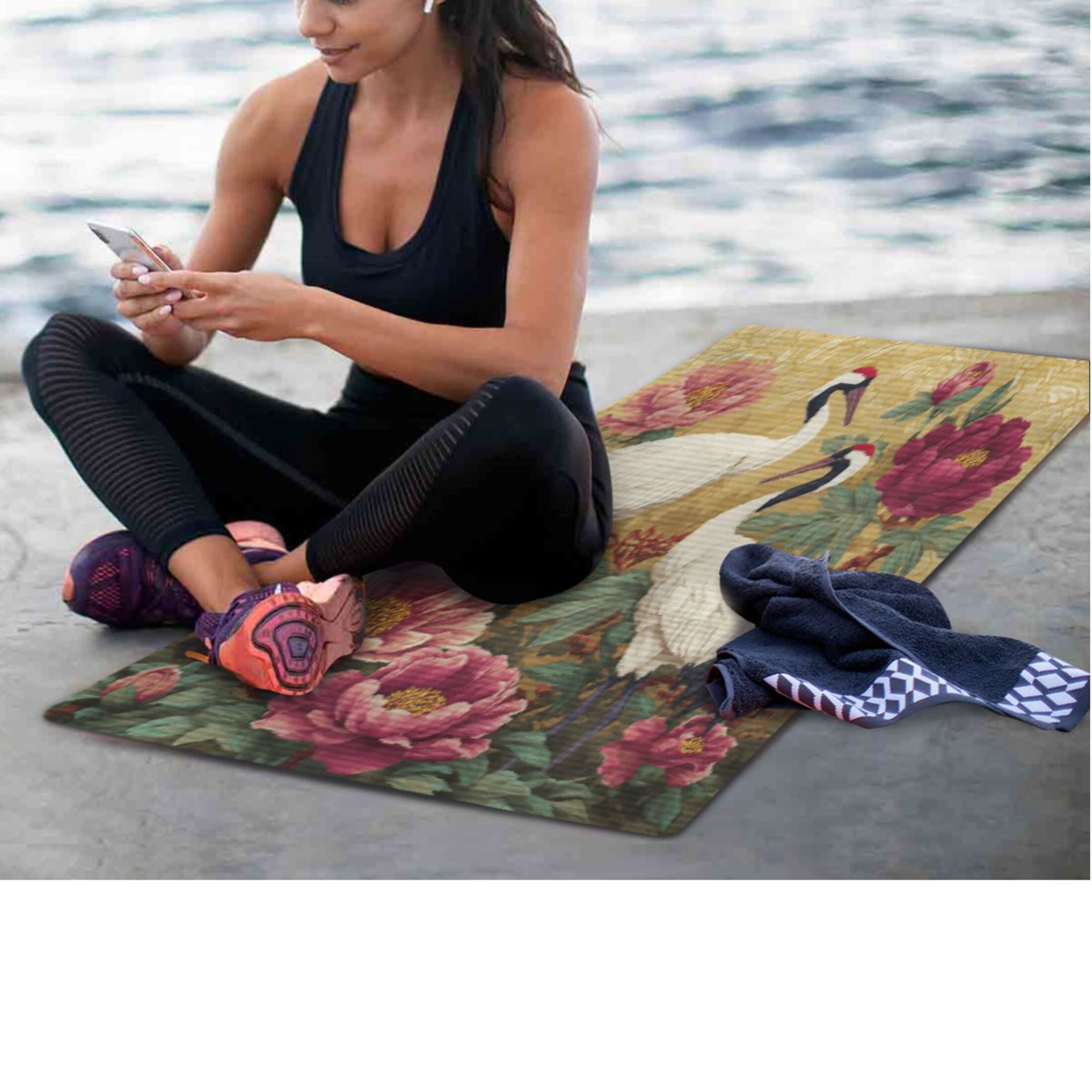 BZSMCE Yoga Mat Women Fitness Mat Elegant Cranes Amid Peony Splendor Pattern