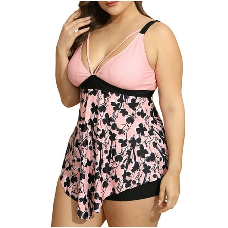 LYXSSBYX Plus Size Tankini Sets with Shorts Ladies Fashion Multicolor Print Back Cutout Swimming Trunks Sling Women Split Swimsuit