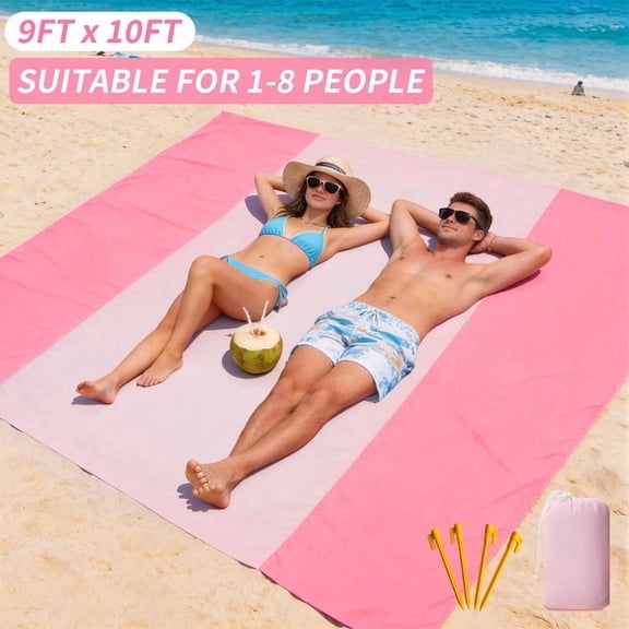 Yiannan Nylon Large Beach Blanket Waterproof & Sandproof - 108x 120/9ft x 10ft - Lightweight Picnic Mat, Camping Necessities for 8 People, Accessories for Outdoor Festivals, Pink