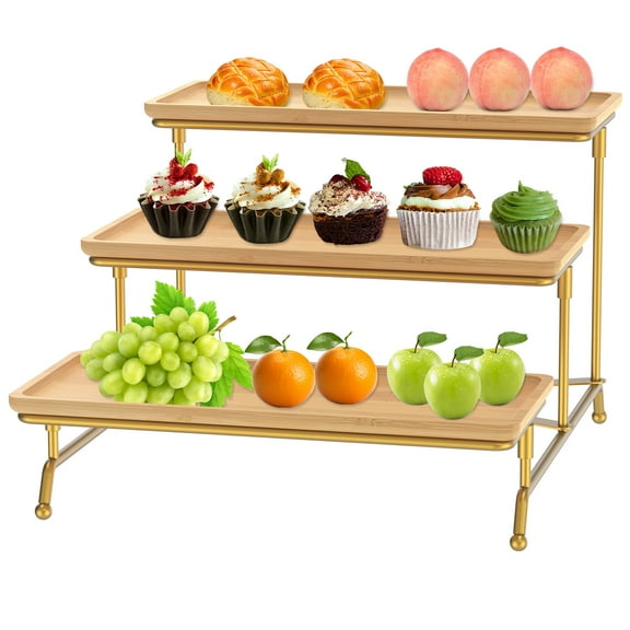 Grusce Wooden Dessert Display Stand, Foldable 3 Tier Cake Serving Tray, Cupcake Tray Stand Food Serving Platter for Dessert Perfume Fruit