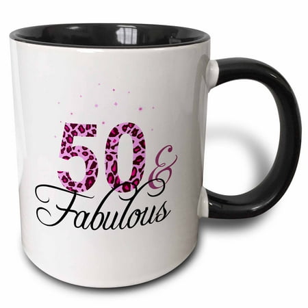 

3dRose 50 and Fabulous - fun girly birthday gift - black and hot pink leopard print pattern bday diva text - Two Tone Black Mug 11-ounce