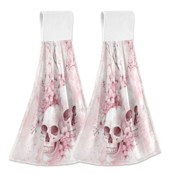 Wobogo Pink Skulls Hand Towel Set of 2 Absorbent for Kitchen and Bathroom With Velcro Hanging Loop 18.2×14in