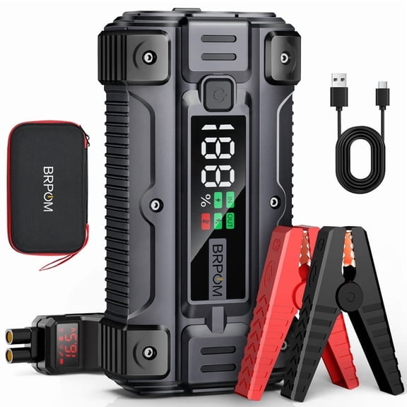 BRPOM Car Jump Starter 6000A Peak 12V Battery Jumper Starter Portable (All Gas/10.0L Diesel Engine), Car Battery Booster Jump Box with Smart Jumper Cables, LCD Display & 4-Mode LED Light