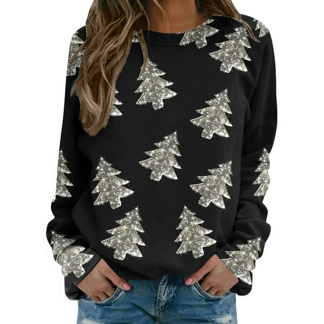 toraway Chandails en Molleton à Col Rond pour Femmes, Imprimé Joyeux Noël, Col Rond, Coupe Ajustée, Manches Longues, Blouse Ample, S
