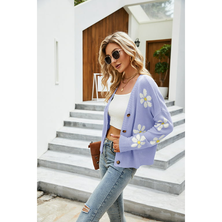 Cardigans for Women Button Up Open Front Cadigan Sweaters Floral Print Cute  Short Knitted Cardigan 