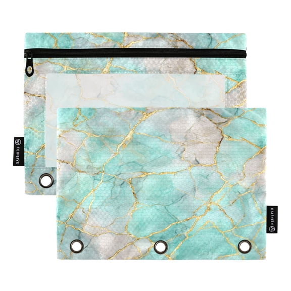 2 Pack 3 Ring Binder Pouch with Clear PVC Window Water Resistant Zipper Pencil Pouch Light Green Gold Marble Pattern Binder Pocket for Classroom Office Home Stationery Organization