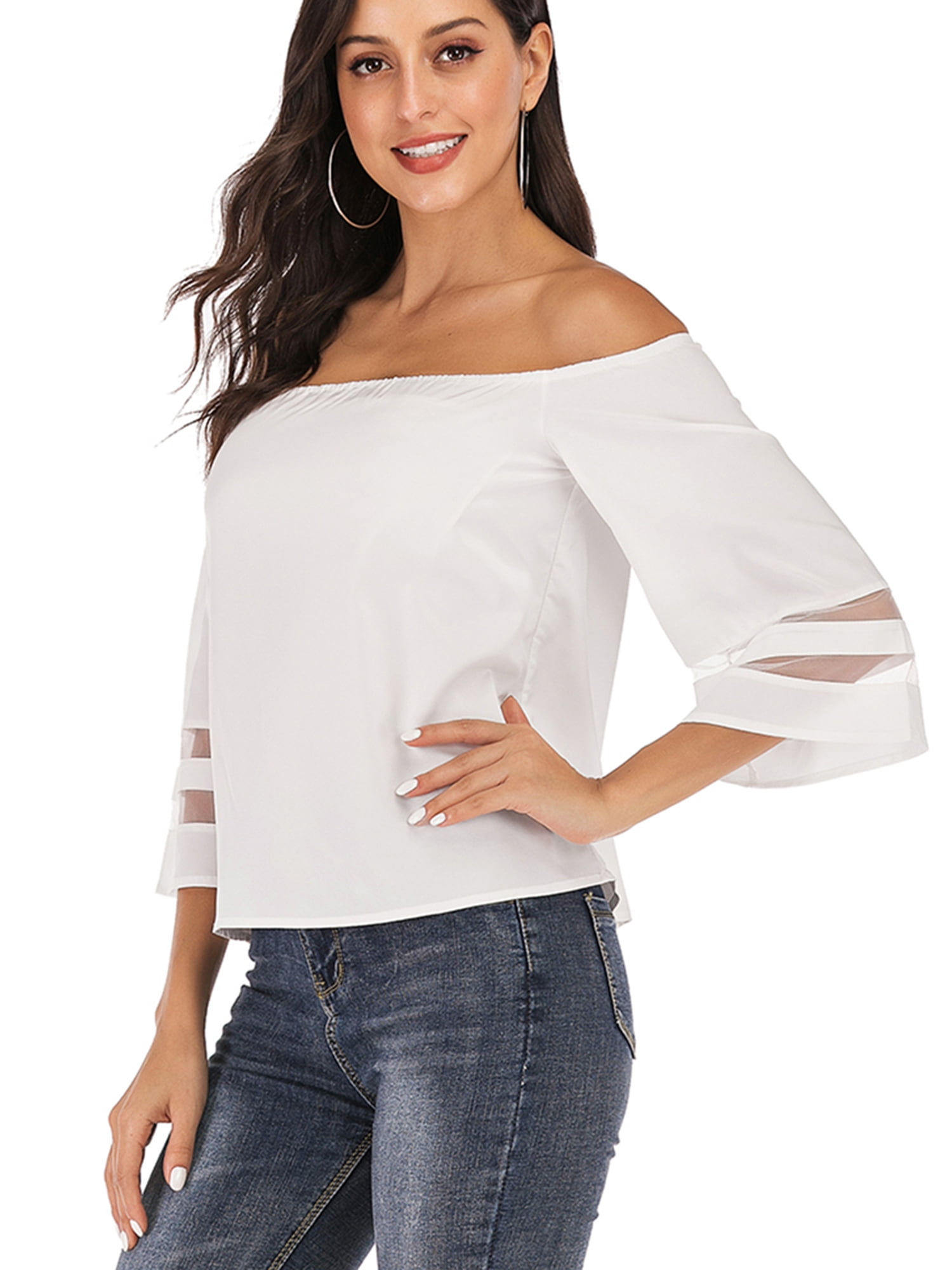 SHOPESSA Tie Front Shirts for Women Plus Size Strapless 3/4 Sleeve Tees Blouse Loose Off Shoulder Tops for Women 