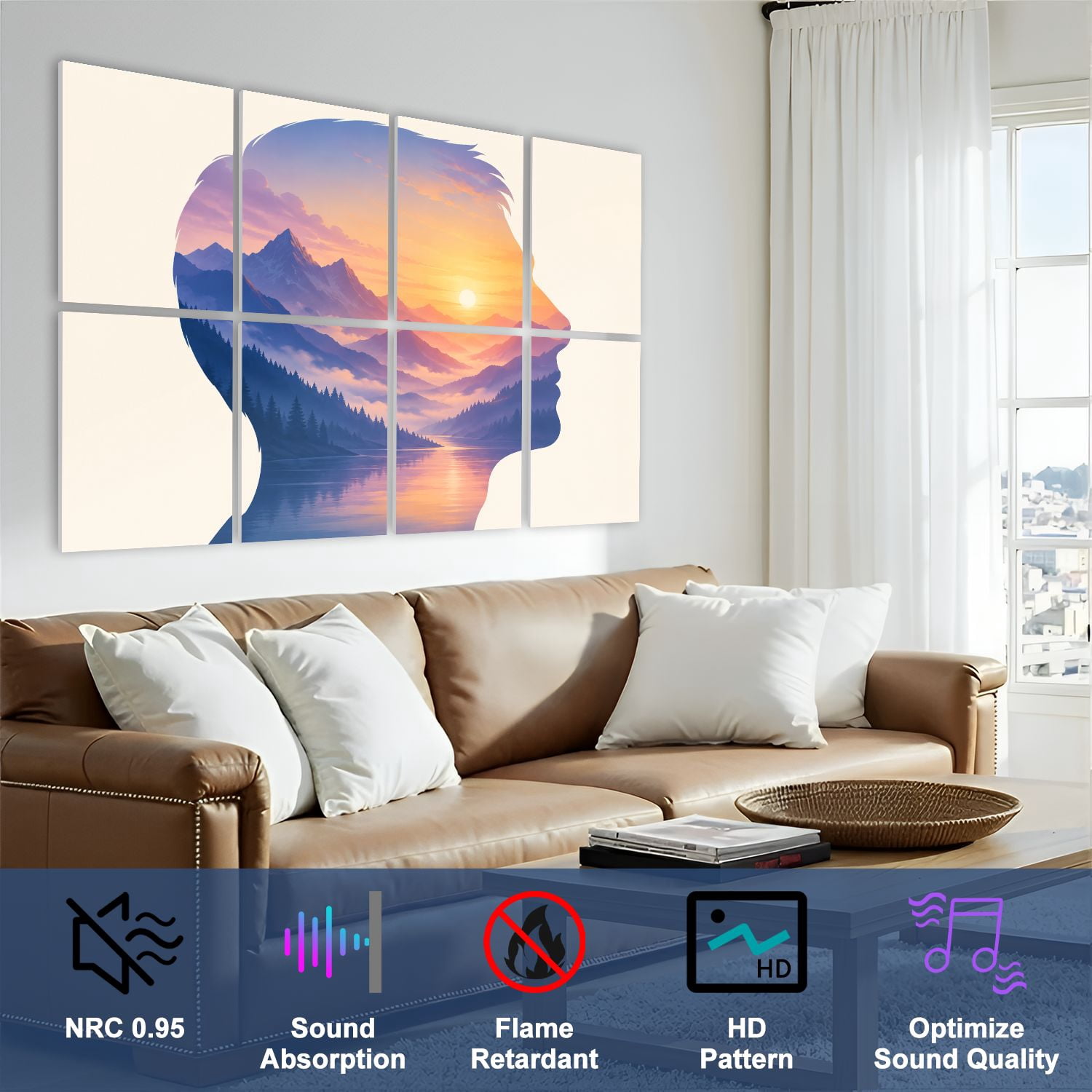 8 Pack Art Acoustic Panels Sound Absorbing Double Exposure Girl Portrait Landscape Decorative Soundproof Wall Panels Self Adhesive for Clinic Hospital 48"x32"