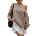 thumbnail image 4 of idosla Womens Fleece Lined Sweatshirt Off Shoulder Long Sleeve Pullover Top Oversized Shirt Basic Slouchy Clothes 2025 (Khaki, L), 4 of 5