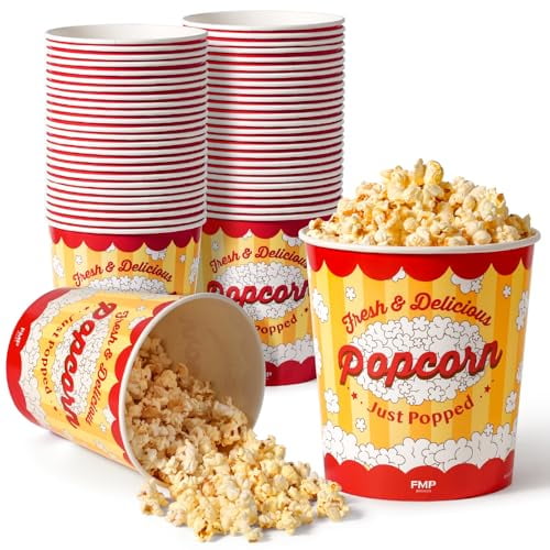 Fit Meal Prep 25 Pack Large Popcorn Buckets Disposable, 130 Oz Yellow and Red Paper Popcorn Containers Tubs for Home and Theater Movie Night