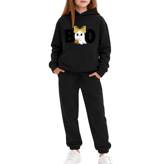 Glisme Girls Outfit Set Graphic Print Long Sleeve Hooded Tops With Pants Outfit Halloween Casual Girls Set Size 2-3 Years Black
