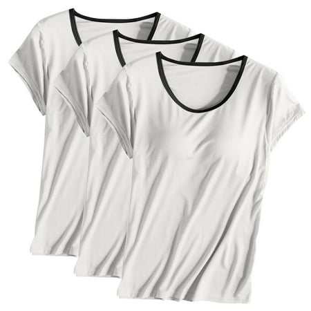 WDZUDU 3 Piece Women s Modal Built-in Bra Padded Active Camisole Solid Color Crew Neck Short-sleeved Pajama 2024 New Casual Tops T-Shirt White