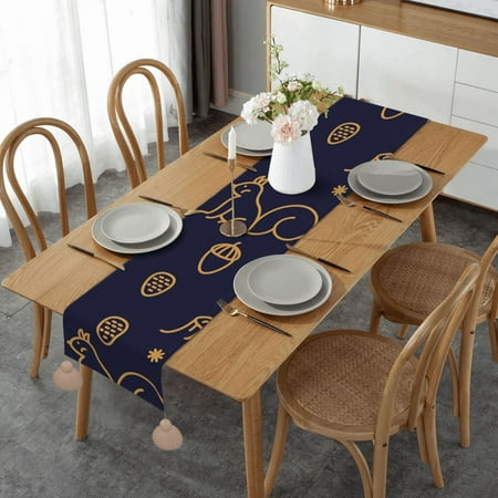 

Winter Woods And Squirrels Line Style Blue Table Runner Imitation Linen Table Runner With Khaki Tassels For Party And Dining Room 14 x 60