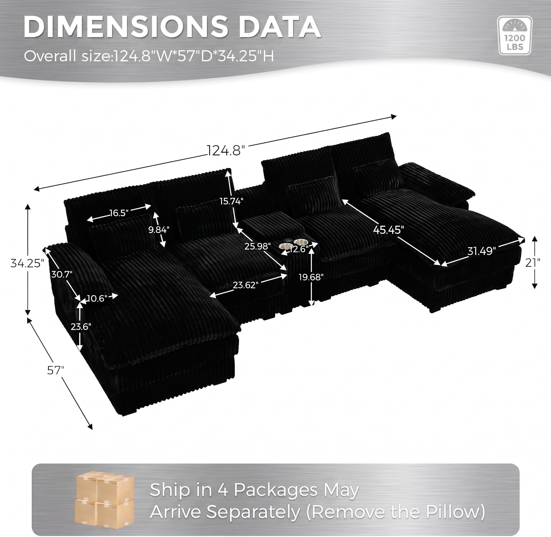 ANPPORT 124" U Shaped Cloud Modular Sectional Sofa, Corduroy Deep Seat Couch with Storage Console, USB Ports & Cup Holders for Living Room, Black