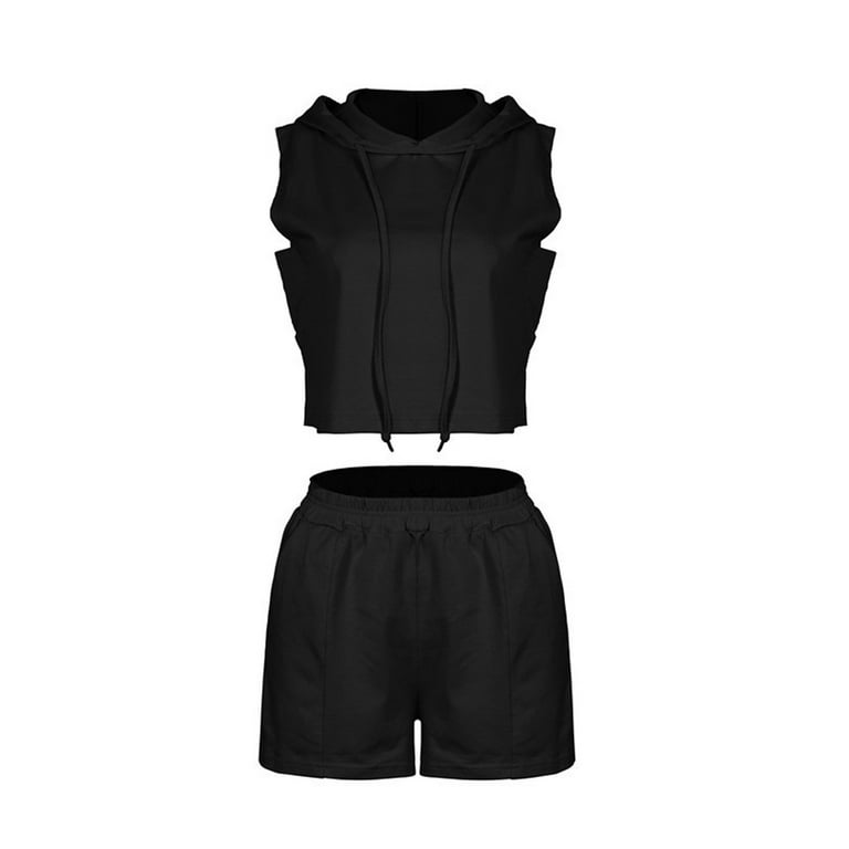 REORIAFEE Cowgirl Outfits for Women Summer Set Women Casual Round Neck  Hooded Vest Pocket Shorts Casual Two Piece Suit Black M 