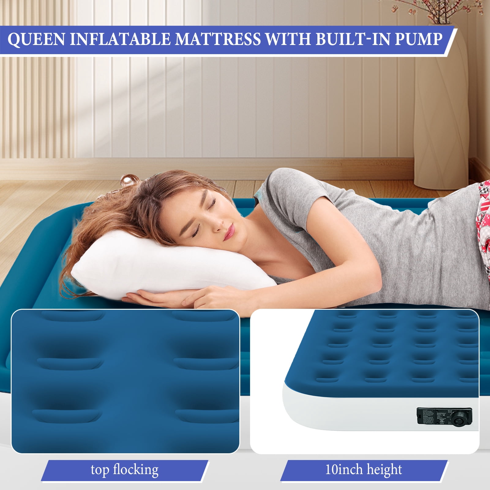 Queen Size Air Mattress with Built in Pump,High Portable 10" Inflatable Mattress,Blow Up Mattress for Travel,Home and Guest(Lyon Blue)