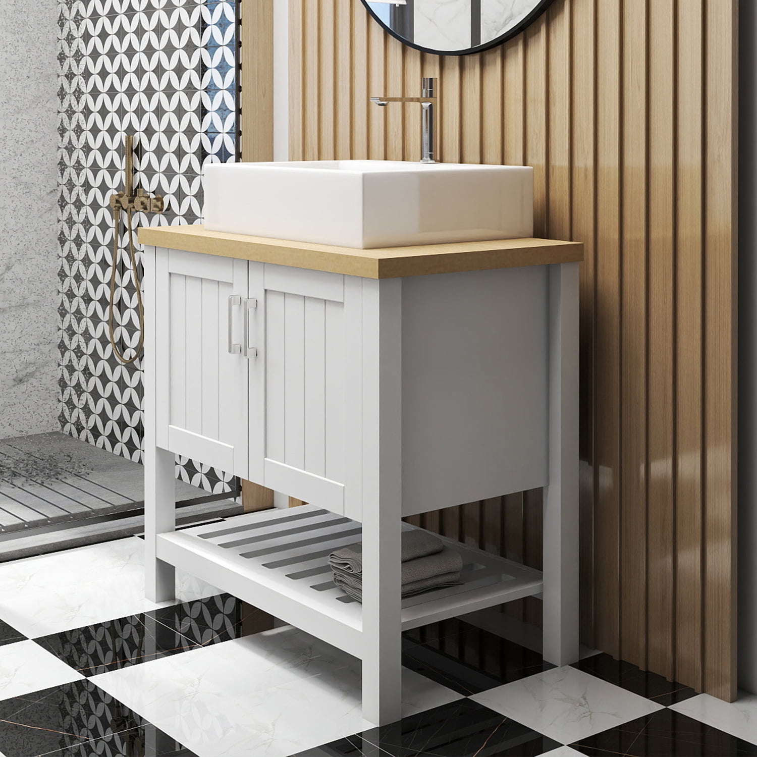 Demi Bonn 32" Bathroom Vanities Cabinet with Sink, Doors and Open Shelf, Single Bathroom Vanity Cabinet, Faucets and Drains Not Included, White