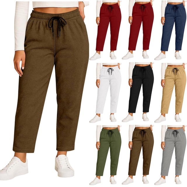 Pincandy Women's Plus Size Solid Color Fashion Elastic Waist Corduroy Wide Leg Pants with Pockets, Loose Fit, Casual & Daily Wear