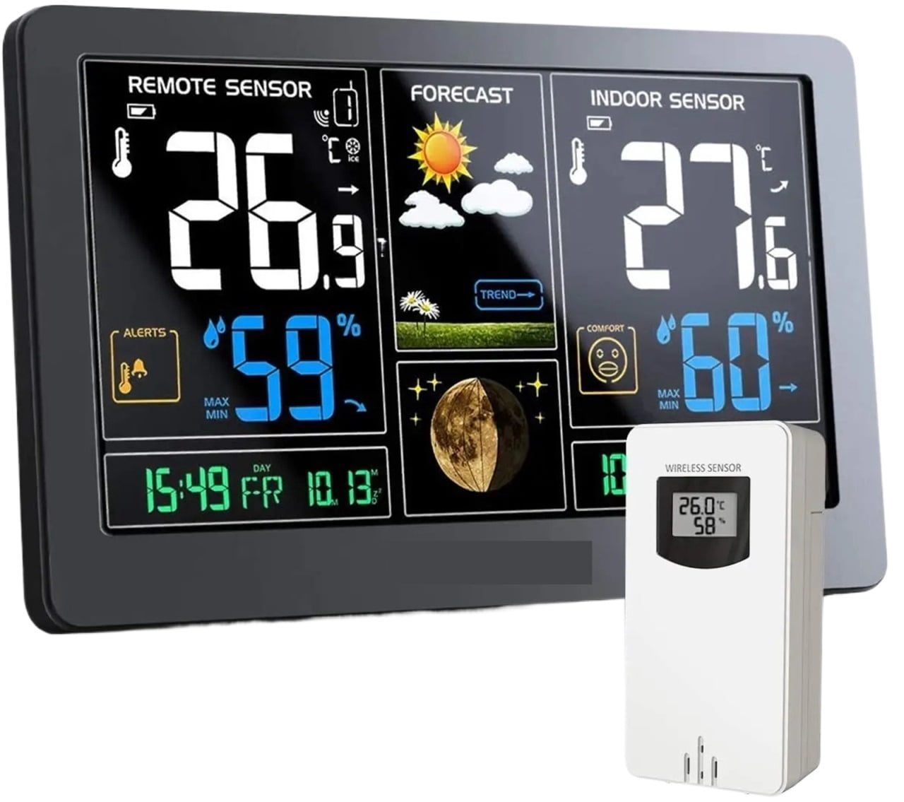 Wireless Indoor Weather Station Digital Thermometer Hygrometer Table Alarm Clock Temperature Humidity Sensor Weather Forecast ,Excellent Visual Experience