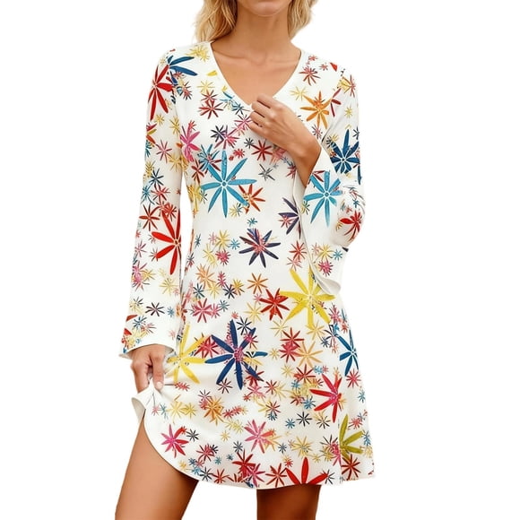 Hippie Floral Print Maxi Dress Retro 70S Bohemian Style Long Sleeve Elegant Cosplay Costume For Flowing Soft Fabric Cosplay White L