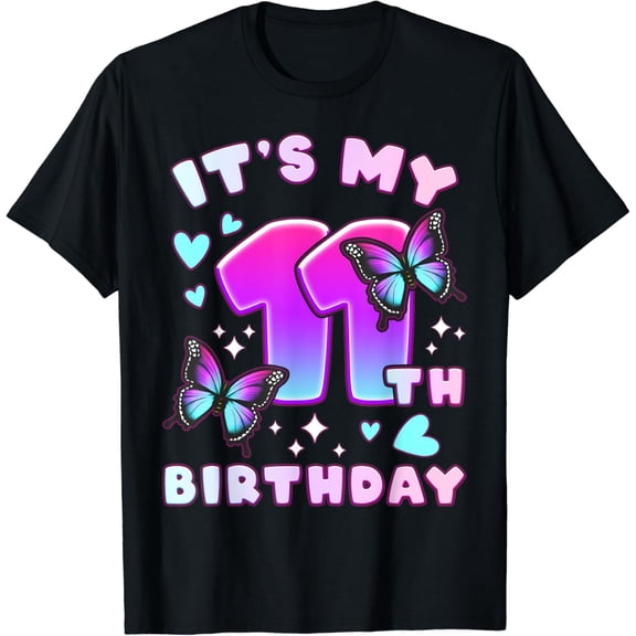 11th Birthday, Girl 11 years, Butterflies and Number 11 T-Shirt Black 4X-Large