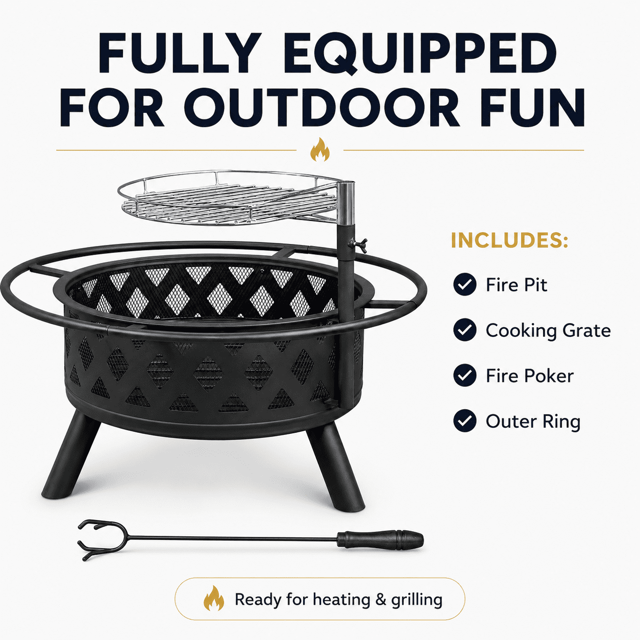 Seizeen Fire Pit with Grill, Metal Fire Pit for Outside Hollow-out Design, Wood Burning Outdoor Fireplace with Poker for Backyard Patio Garden, 30"