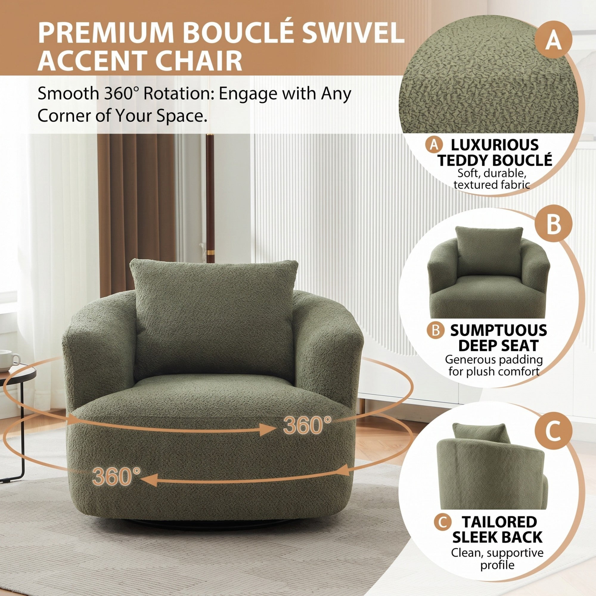 Sailvan 38.2" Swivel Accent Chair, Boucle Upholstered 360 Degree Barrel Sofa with Pillow for Living Room Green