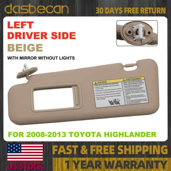 Dasbecan Beige Left Driver Side Sun Visor with Mirror For Toyota Highlander 2008-2013 74320-48500-E0, 7432048500E0