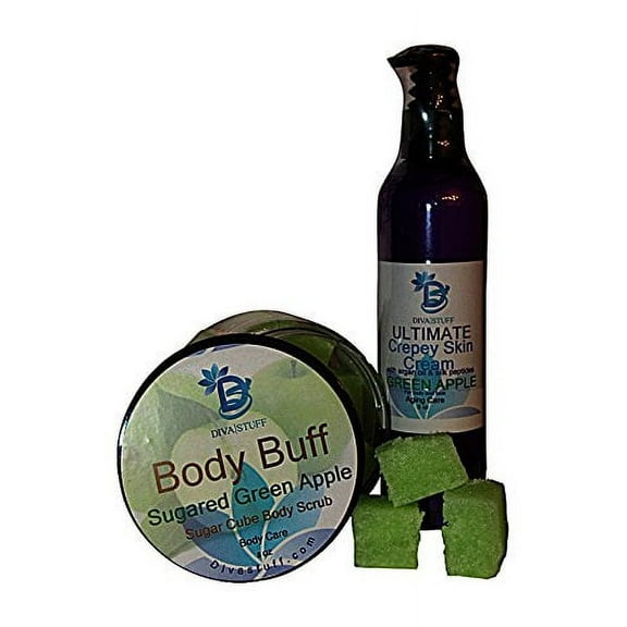 Ultimate Crepey Skin Cream And Sugar Scrub Set, With Hyaluronic Acid, Argan Oil, Silk Peptides and More, For Dry, Crepey. Damaged and Aging Skin, 8oz,Green Apple Scen